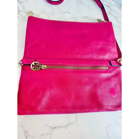 TORY BURCH Amanda Foldover Clutch Crossbody w/Pink Leather w/Golden Accents, EUC - Picture 10 of 16